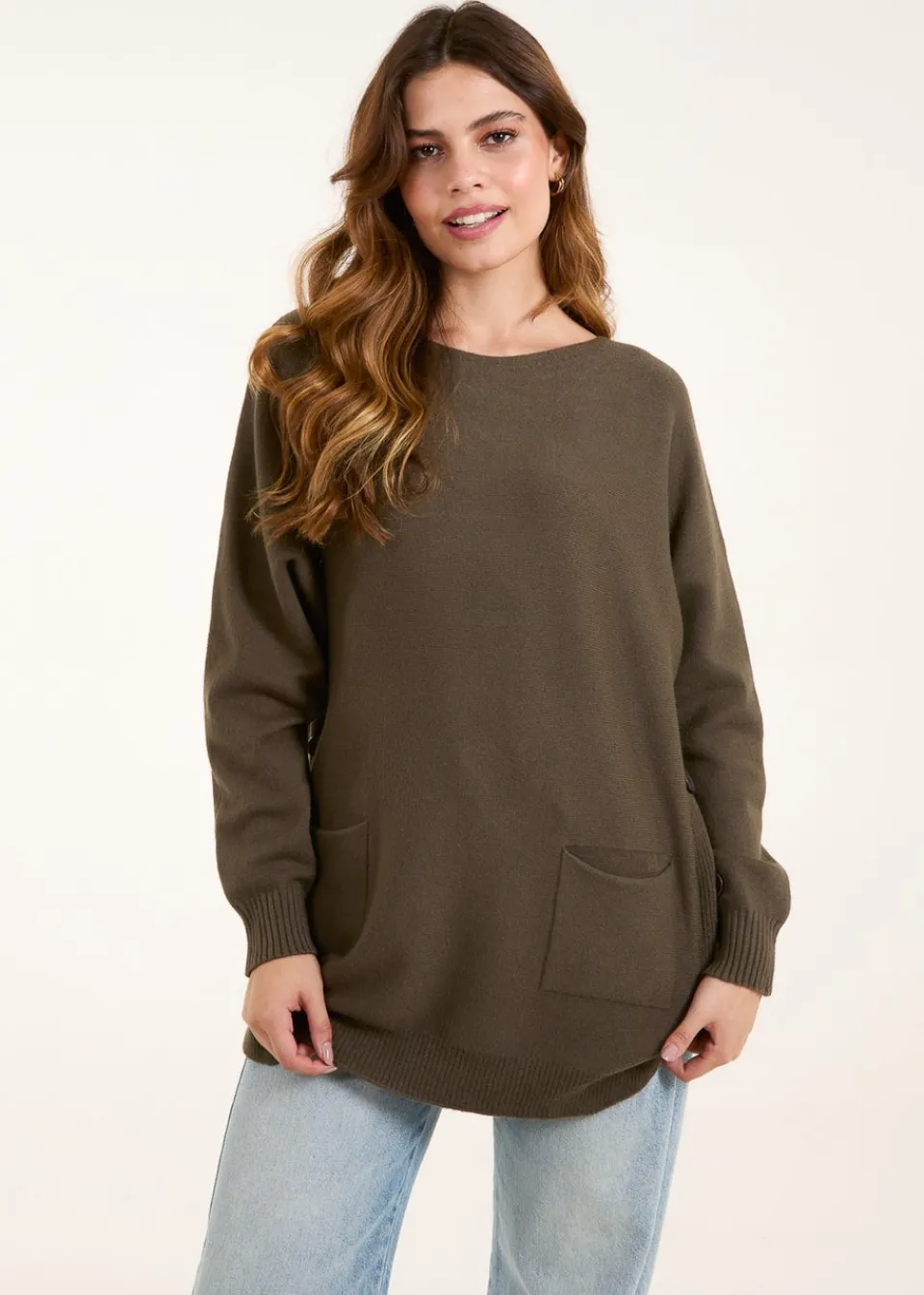 Tops>Blue Vanilla Khaki Pocket Slash Neck Jumper