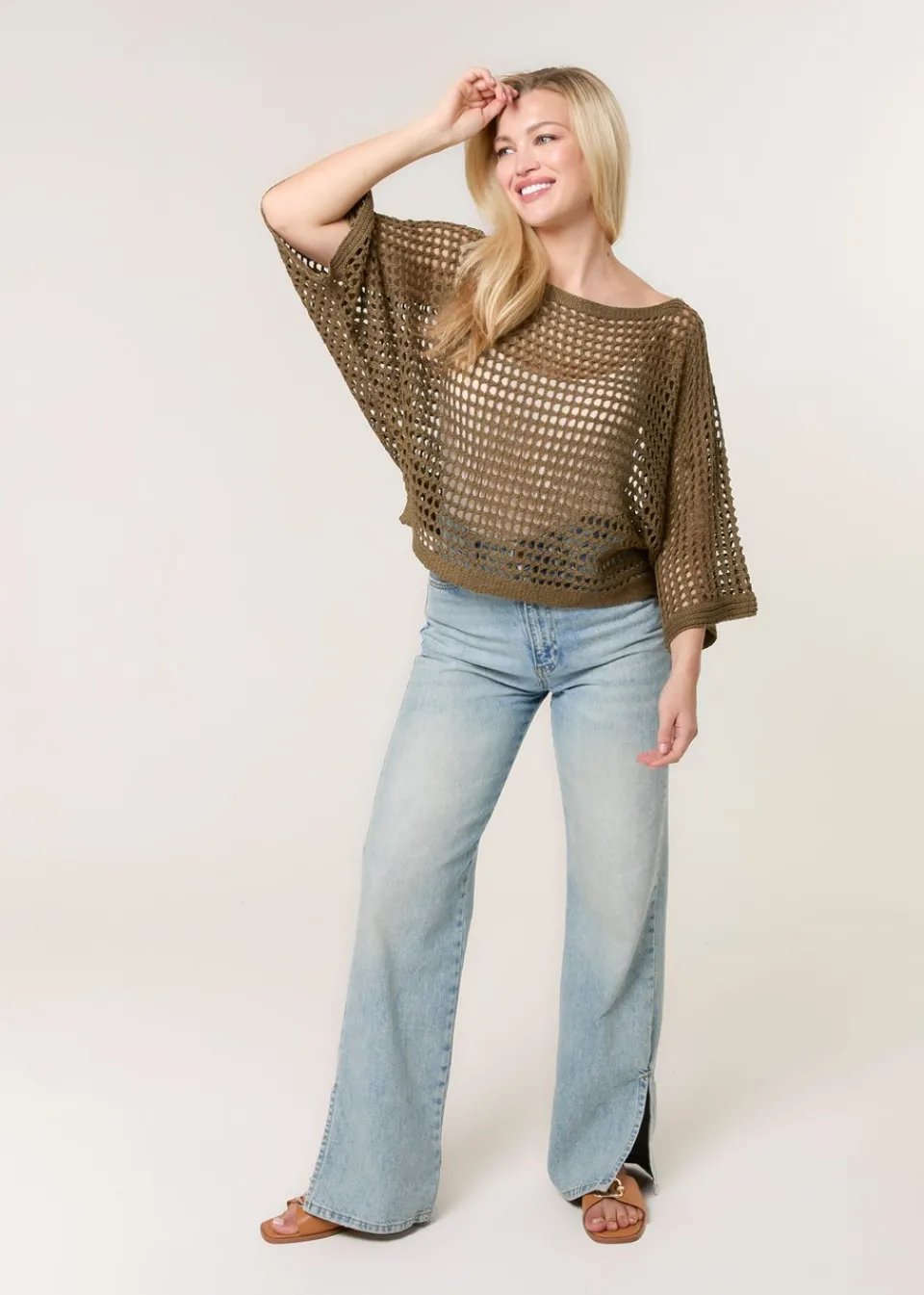 Tops>Blue Vanilla Khaki Round Neck Net Top