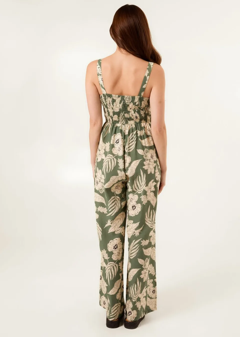 Jumpsuits & Playsuits>Blue Vanilla Khaki Tropical Print Tie Front Jumpsuit