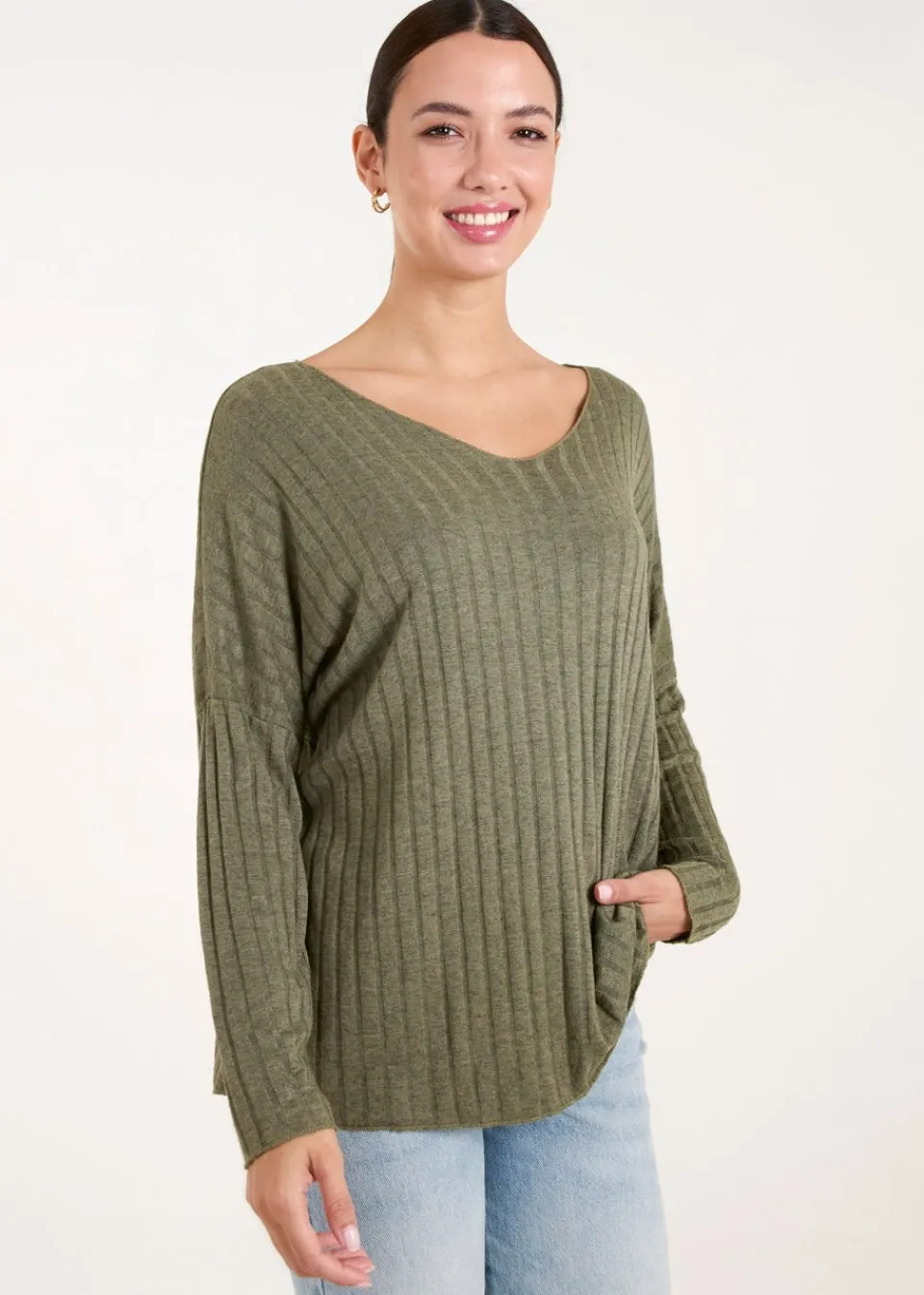 Tops>Blue Vanilla Khaki V-Neck Ribbed Jumper