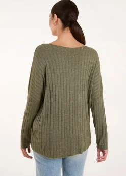 Tops>Blue Vanilla Khaki V-Neck Ribbed Jumper