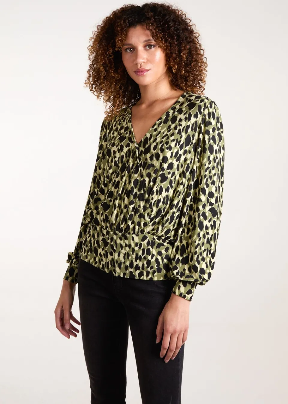 Tops>Blue Vanilla Khaki Wrap Front Geometric Deep Hem Band Top