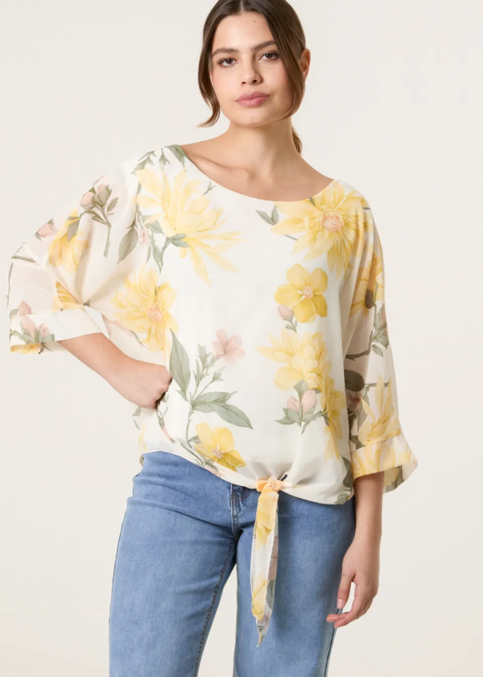 Tops>Blue Vanilla Lemon Floral Chiffon Batwing Blouse