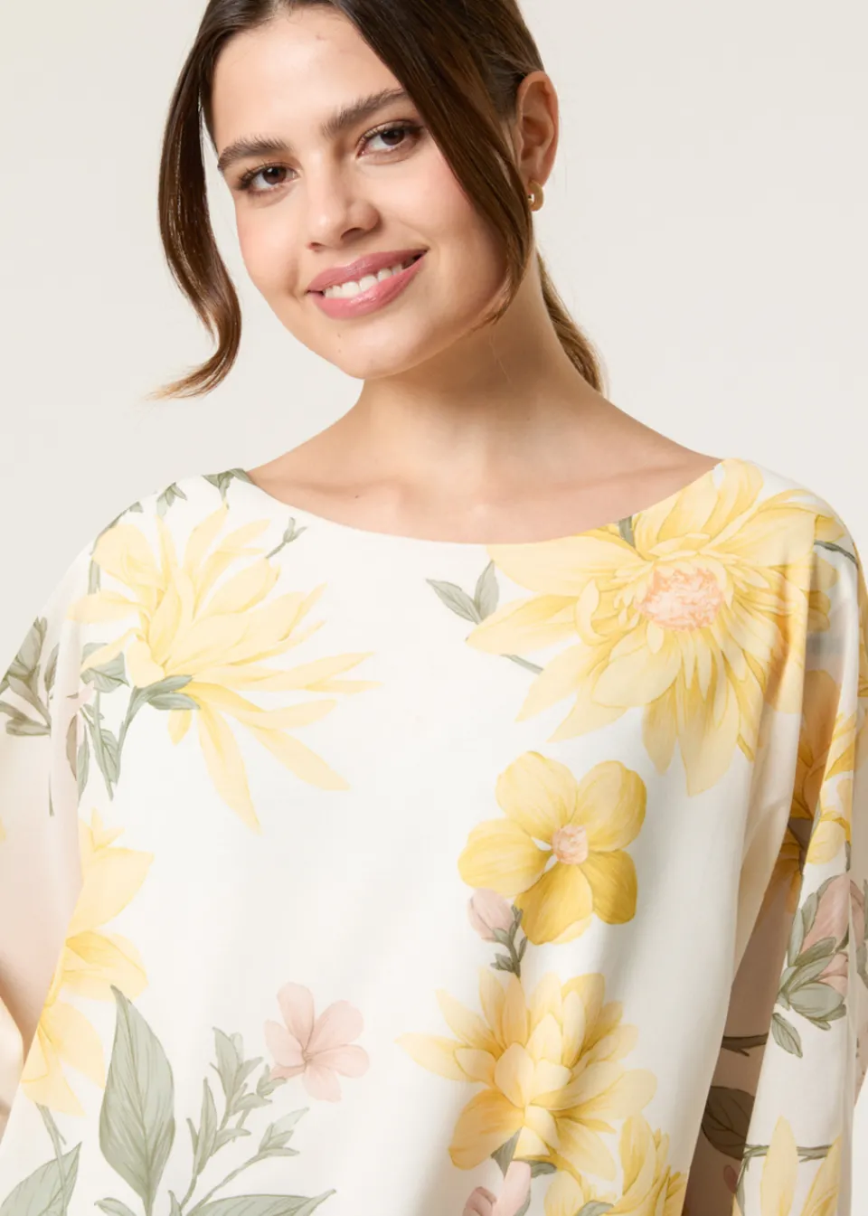 Tops>Blue Vanilla Lemon Floral Chiffon Batwing Blouse