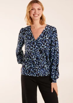 Tops>Blue Vanilla Leopard Print Wrap Front Geometric Deep Hem Band Top
