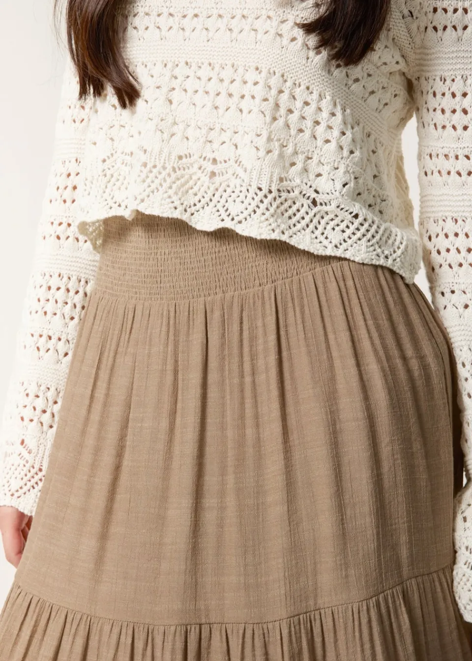Skirts>Blue Vanilla Mocha Shirring Waist Tiered Maxi Skirt