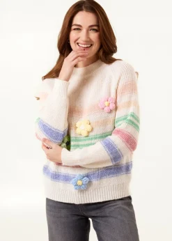 Tops>Blue Vanilla Multi Colourful 3D Flower Jumper With Stripes