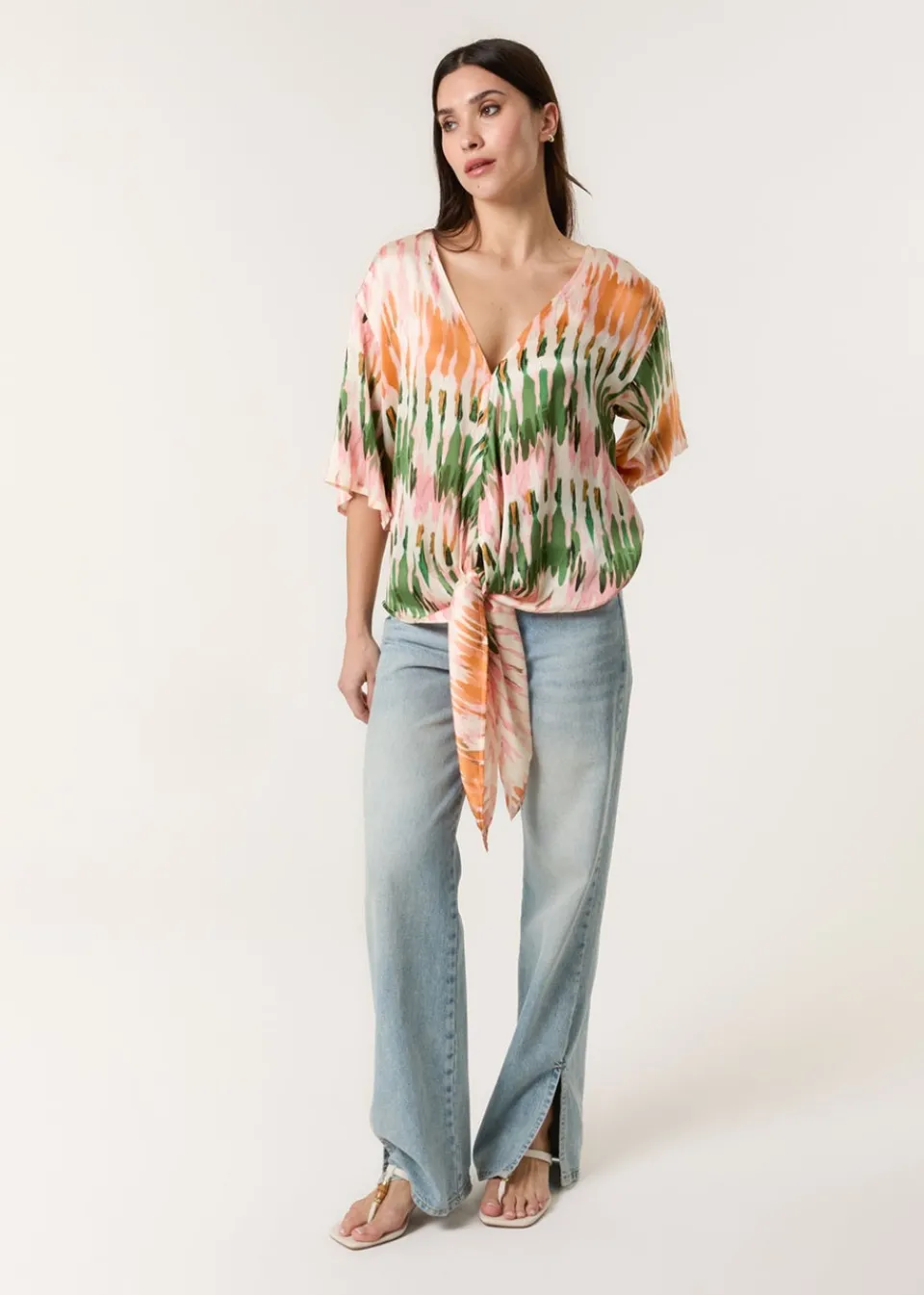 Tops>Blue Vanilla Multi Satin Tie Front Blouse