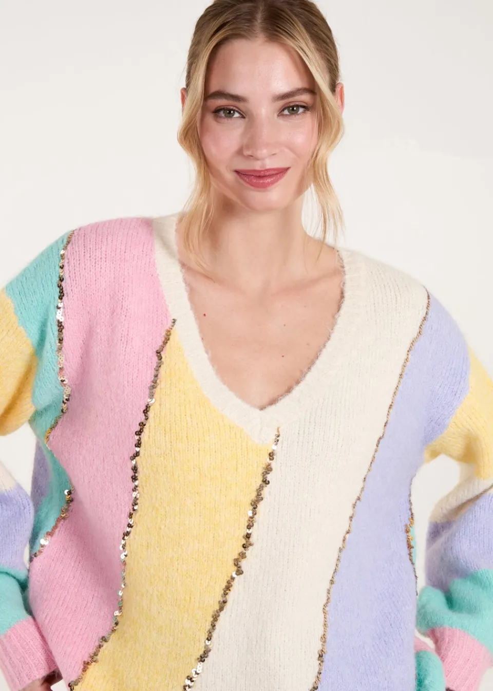 Tops>Blue Vanilla Multi Stripe Sequin Detailed Jumper