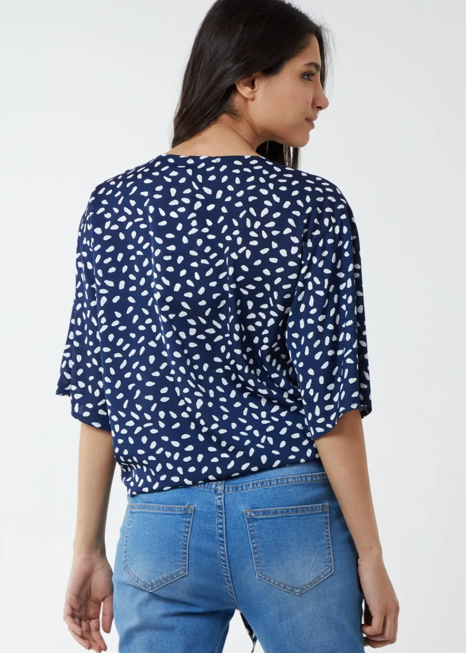 Tops>Blue Vanilla Navy Abstract Spot Tie Front Batwing Top