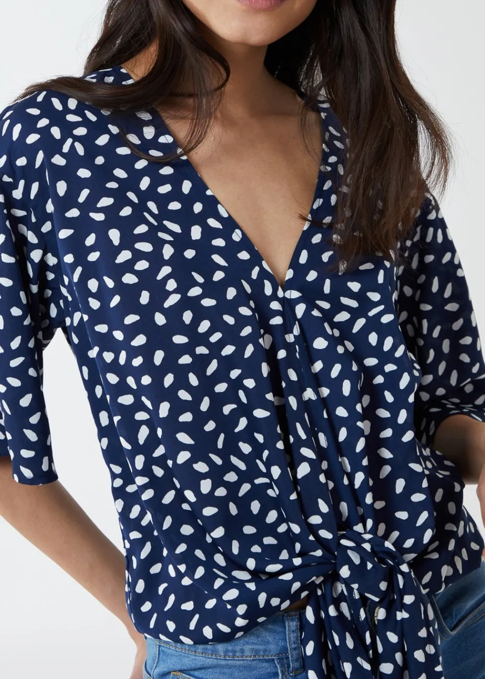 Tops>Blue Vanilla Navy Abstract Spot Tie Front Batwing Top