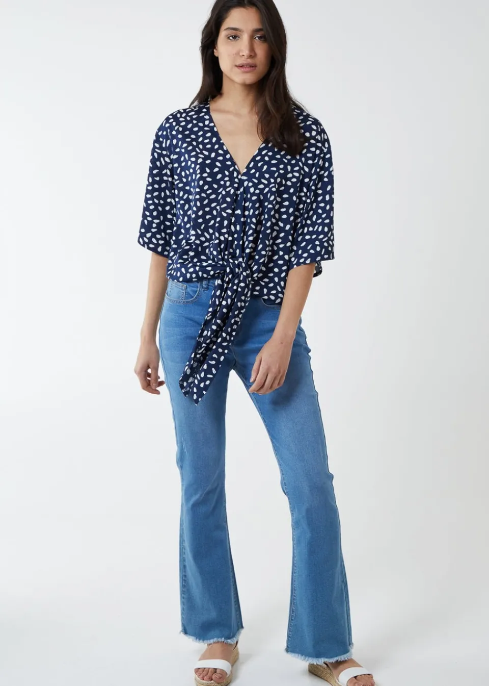 Tops>Blue Vanilla Navy Abstract Spot Tie Front Batwing Top