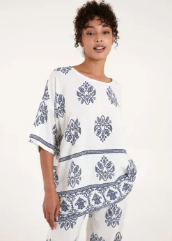Tops>Blue Vanilla Navy Border Print Top