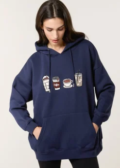 Loungewear>Blue Vanilla Navy Coffee Embroidered Hoodie