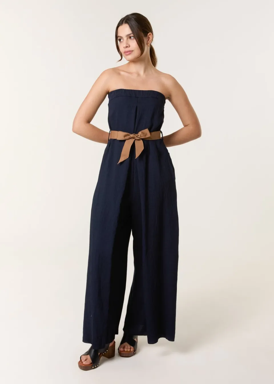 Jumpsuits & Playsuits>Blue Vanilla Navy Linen Belted Wide Bandeau Jumpsuit