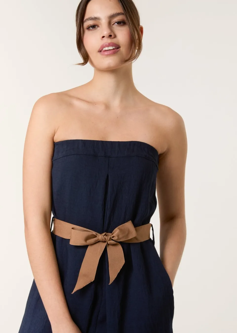 Jumpsuits & Playsuits>Blue Vanilla Navy Linen Belted Wide Bandeau Jumpsuit