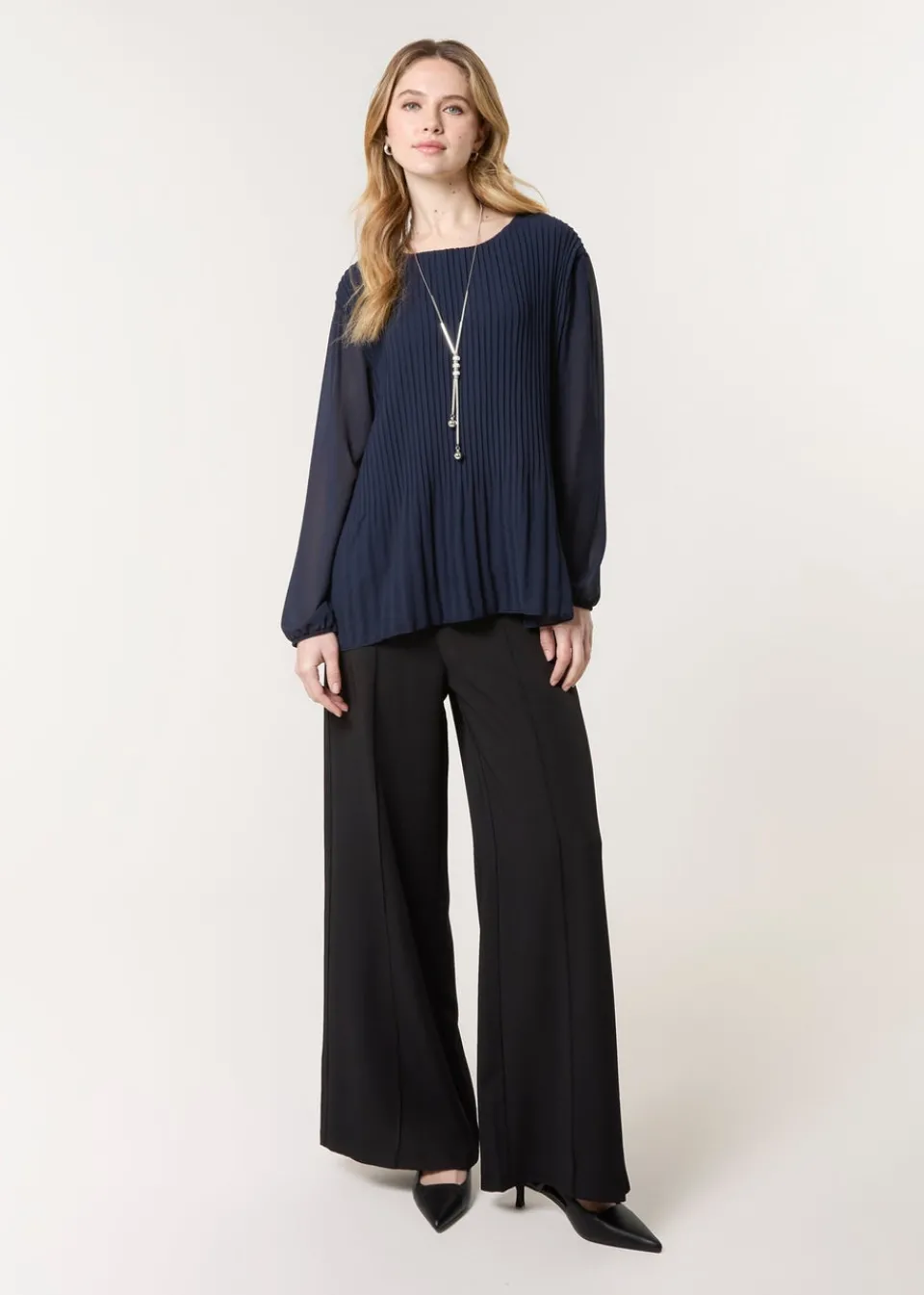 Tops>Blue Vanilla Navy Long Sleeve Pleated Top