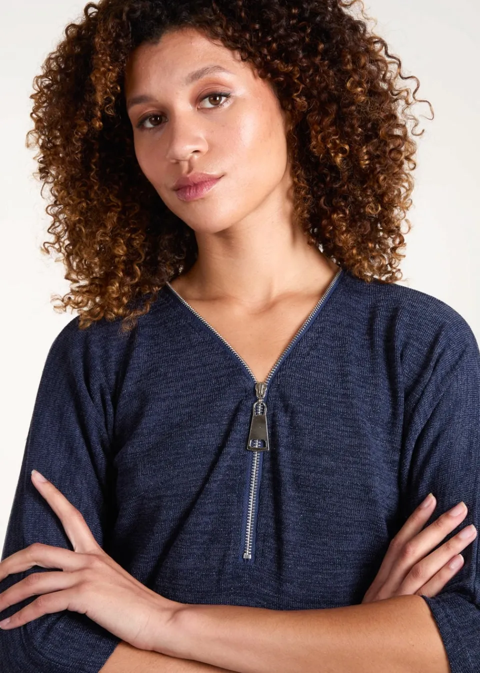 T-Shirts>Blue Vanilla Navy Metallic Zip Front Top