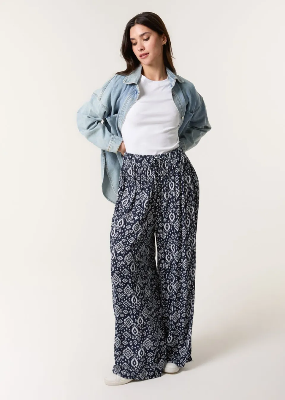 Trousers>Blue Vanilla Navy Printed Elastic Waist Trouser