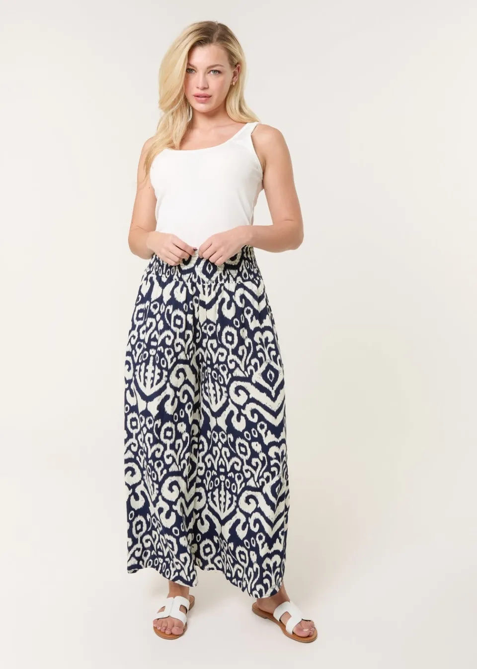 Trousers>Blue Vanilla Navy Shirred Waist Wide Leg Trouser