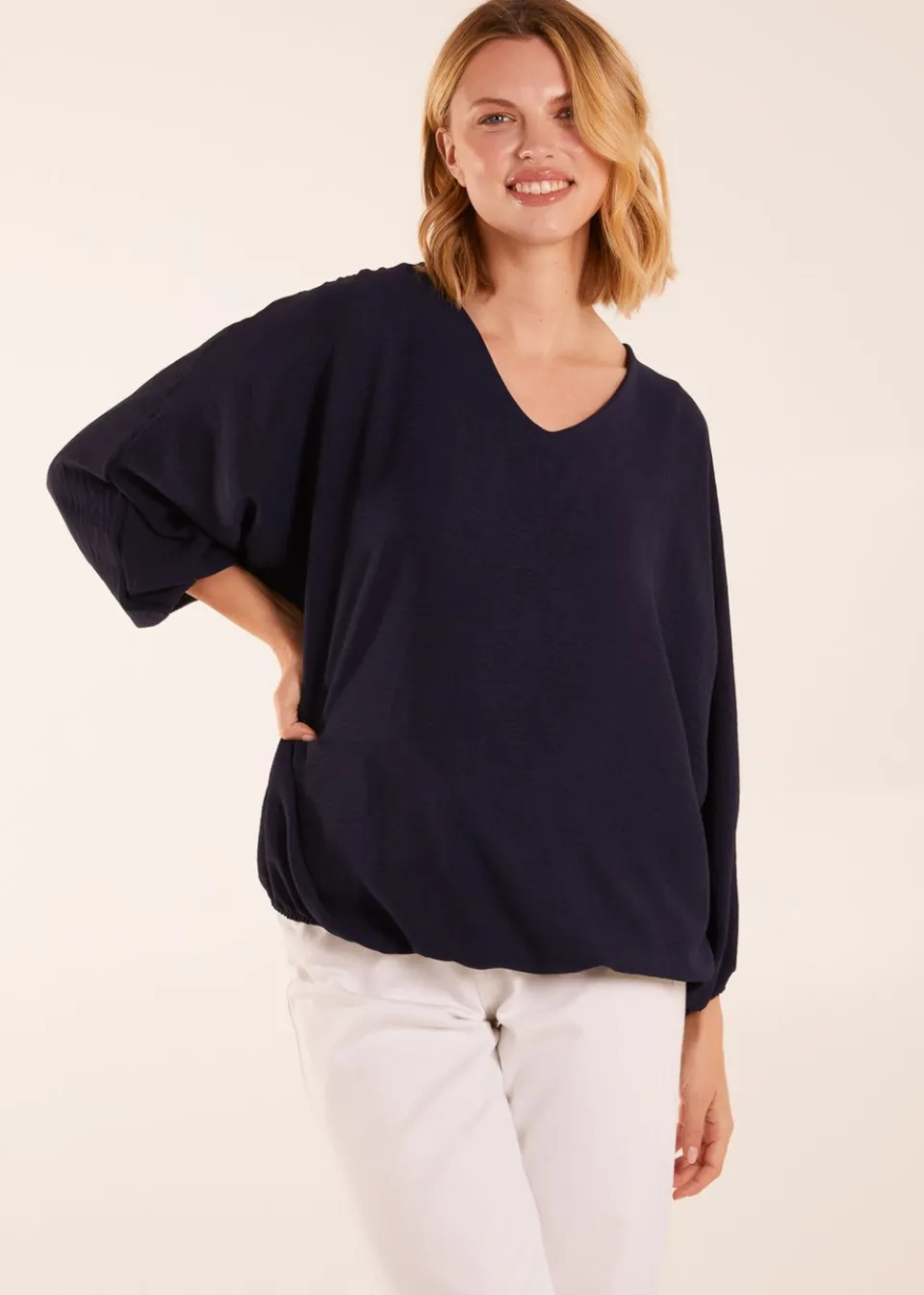 Tops>Blue Vanilla Navy V Neck Puff Sleeve Blouse