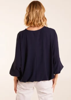 Tops>Blue Vanilla Navy V Neck Puff Sleeve Blouse