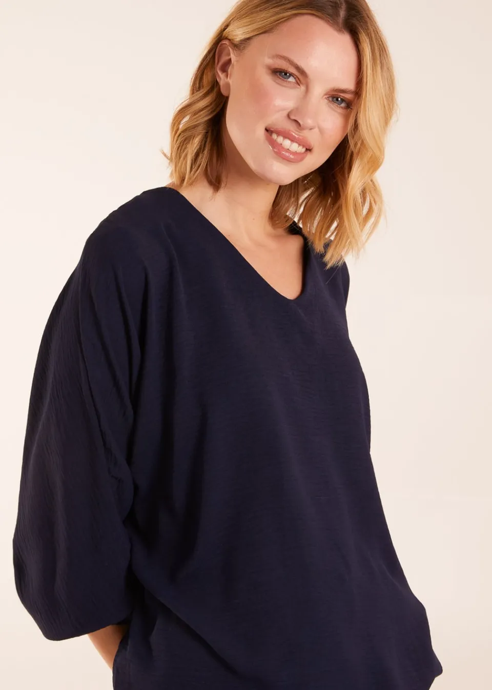 Tops>Blue Vanilla Navy V Neck Puff Sleeve Blouse
