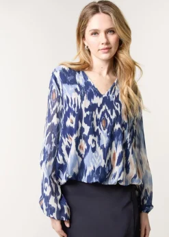 Tops>Blue Vanilla Navy V Neck Water Colour Print Blouse