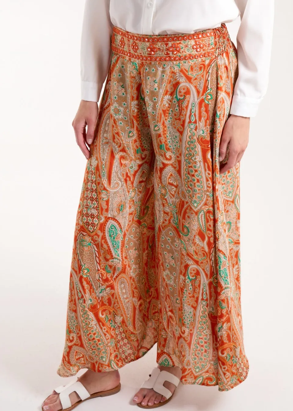 Trousers>Blue Vanilla Orange Embellished Waist Wide Leg Trousers
