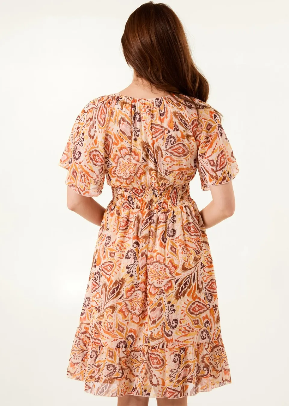 Dresses>Blue Vanilla Orange V Neck Shirred Waist Mini Dress