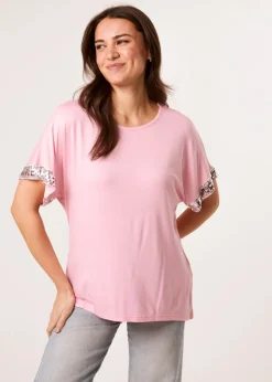 T-Shirts>Blue Vanilla Pink Sequin Trim Oversized Top
