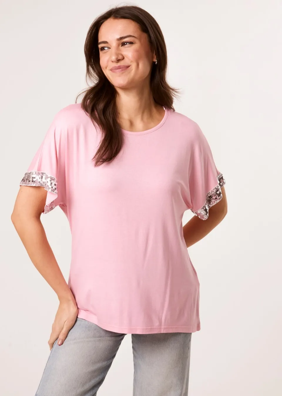 T-Shirts>Blue Vanilla Pink Sequin Trim Oversized Top