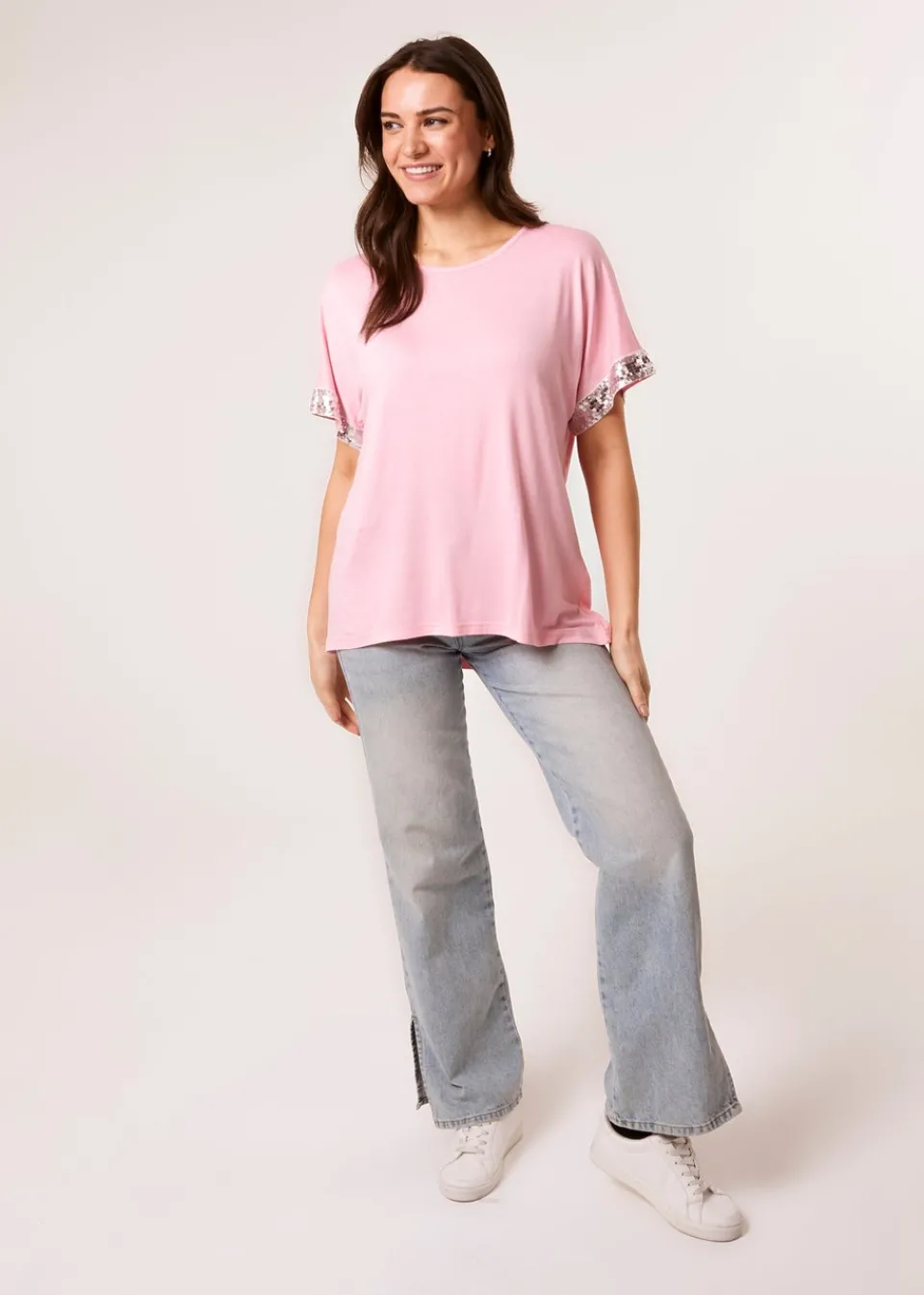 T-Shirts>Blue Vanilla Pink Sequin Trim Oversized Top