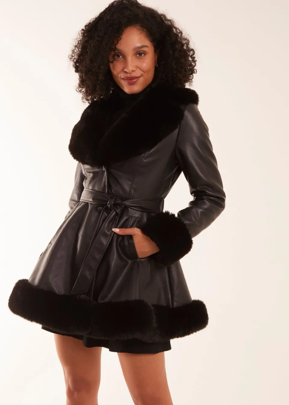 Coats & Jackets>Blue Vanilla PU Faux Fur Trimmed Belted Coat