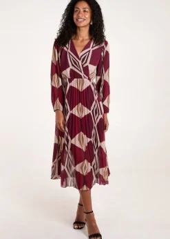 Dresses>Blue Vanilla Red Wrap Front Pleated Geometric Maxi Dress