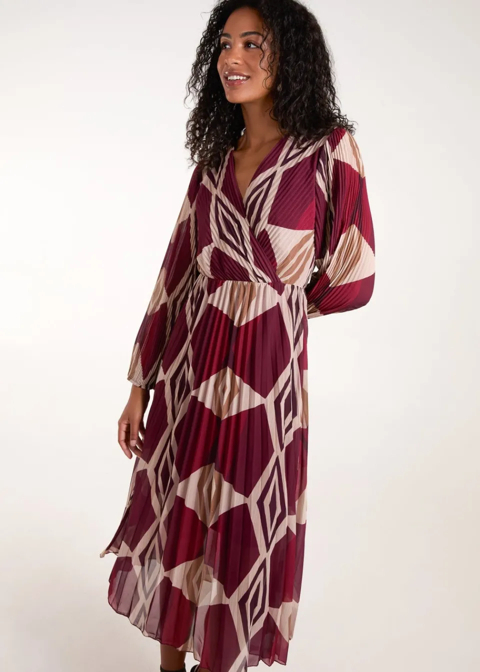 Dresses>Blue Vanilla Red Wrap Front Pleated Geometric Maxi Dress