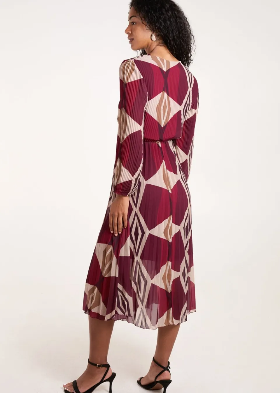 Dresses>Blue Vanilla Red Wrap Front Pleated Geometric Maxi Dress