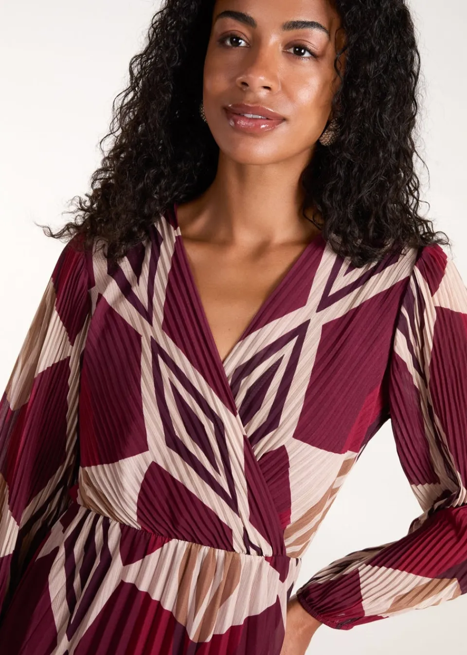 Dresses>Blue Vanilla Red Wrap Front Pleated Geometric Maxi Dress