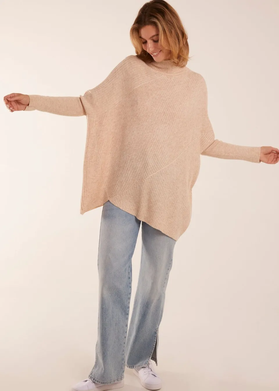 Tops>Blue Vanilla Ribbed Cross Over High Neck Jumper
