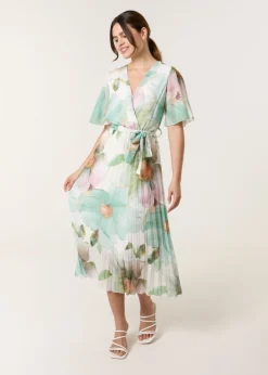Dresses>Blue Vanilla Sage Watercolour Floral Printed Wrap Front Pleated Dress