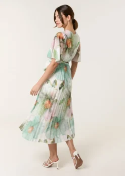 Dresses>Blue Vanilla Sage Watercolour Floral Printed Wrap Front Pleated Dress