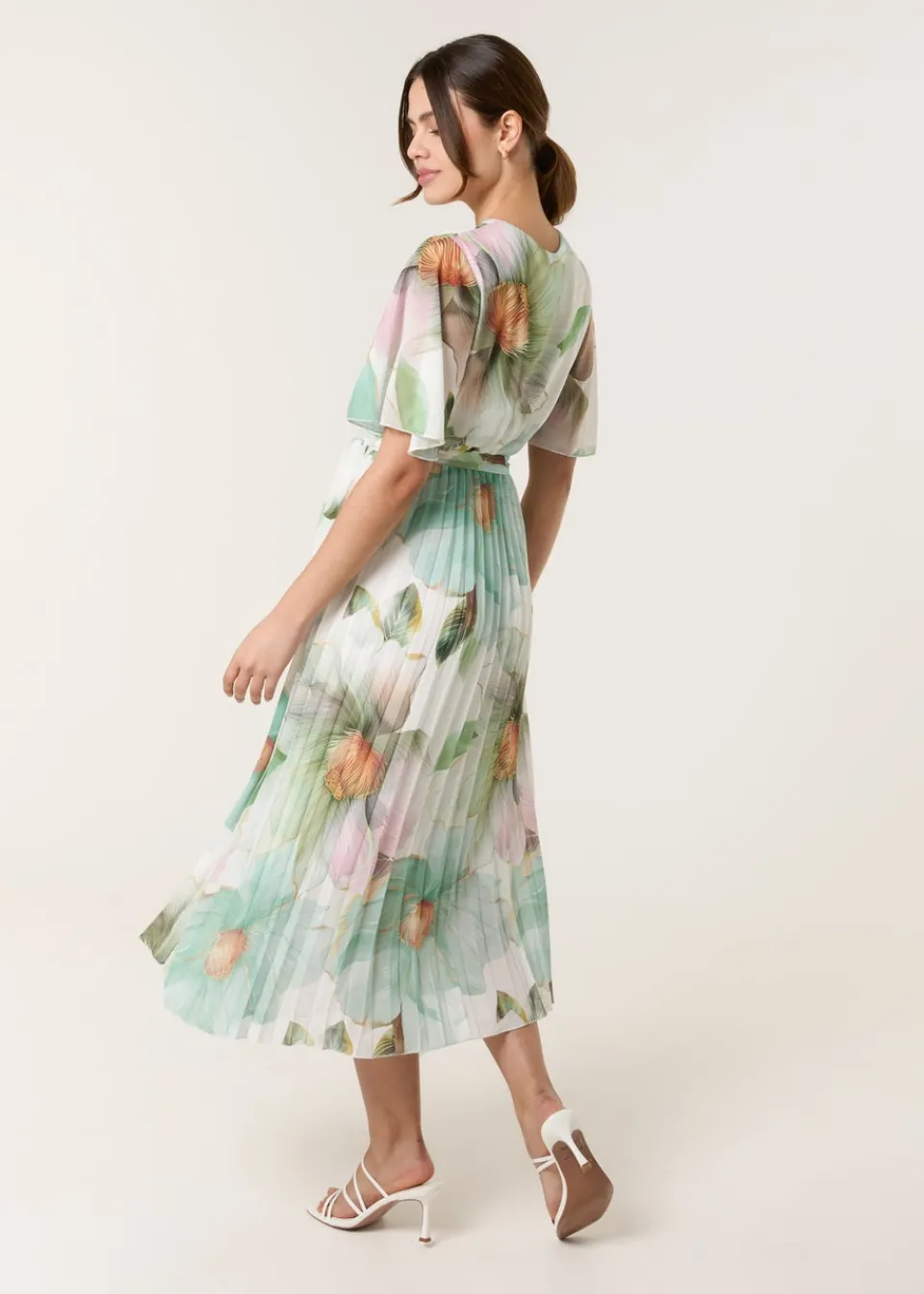 Dresses>Blue Vanilla Sage Watercolour Floral Printed Wrap Front Pleated Dress