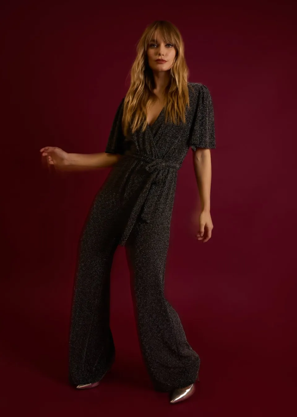 Jumpsuits & Playsuits>Blue Vanilla Silver Metallic Angel Sleeve Jumpsuit