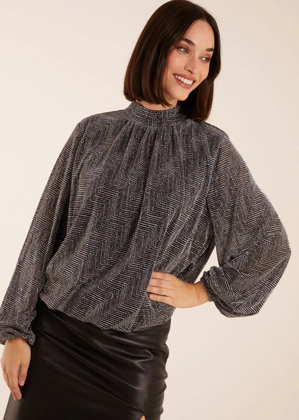 Tops>Blue Vanilla Puffball High Neck Top Silver