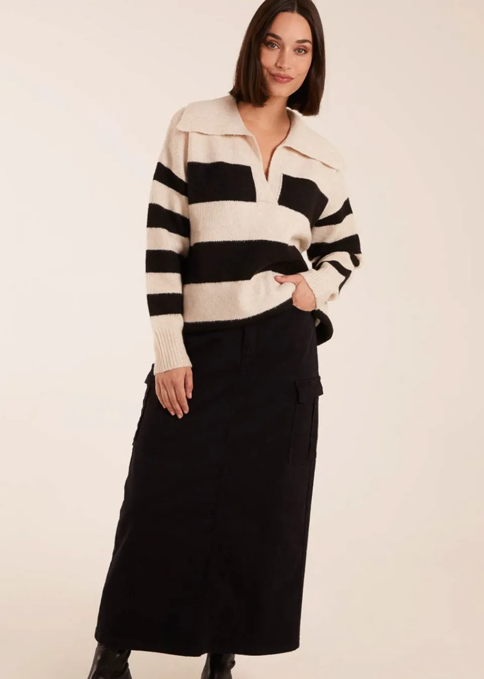 Tops>Blue Vanilla Stone Collar Wide Stripe Jumper