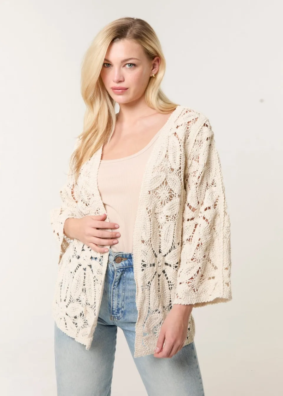 Tops>Blue Vanilla Stone Crochet Tie Front Cardigan