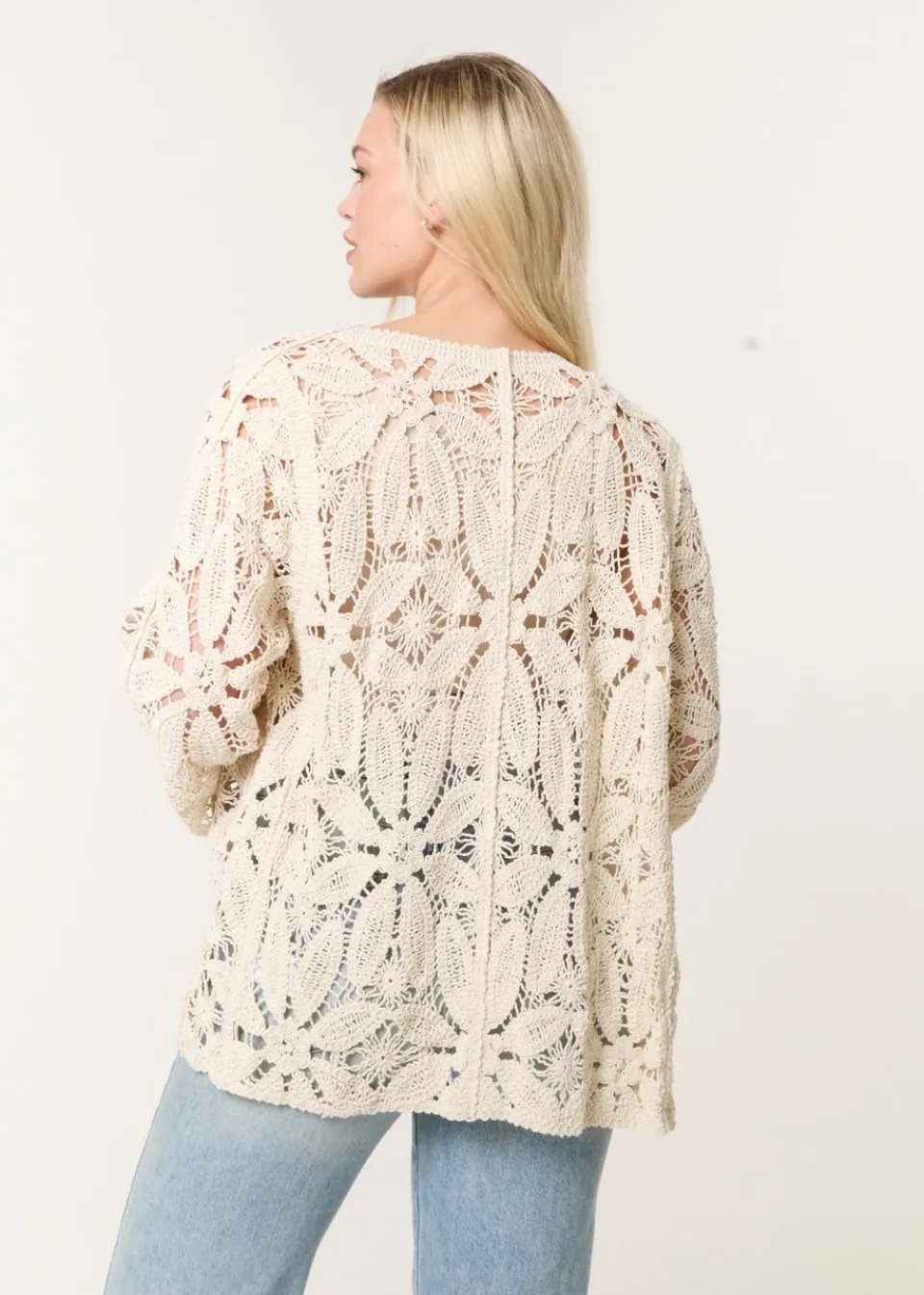 Tops>Blue Vanilla Stone Crochet Tie Front Cardigan