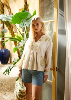 Tops>Blue Vanilla Stone Embroidered Cheesecloth Top