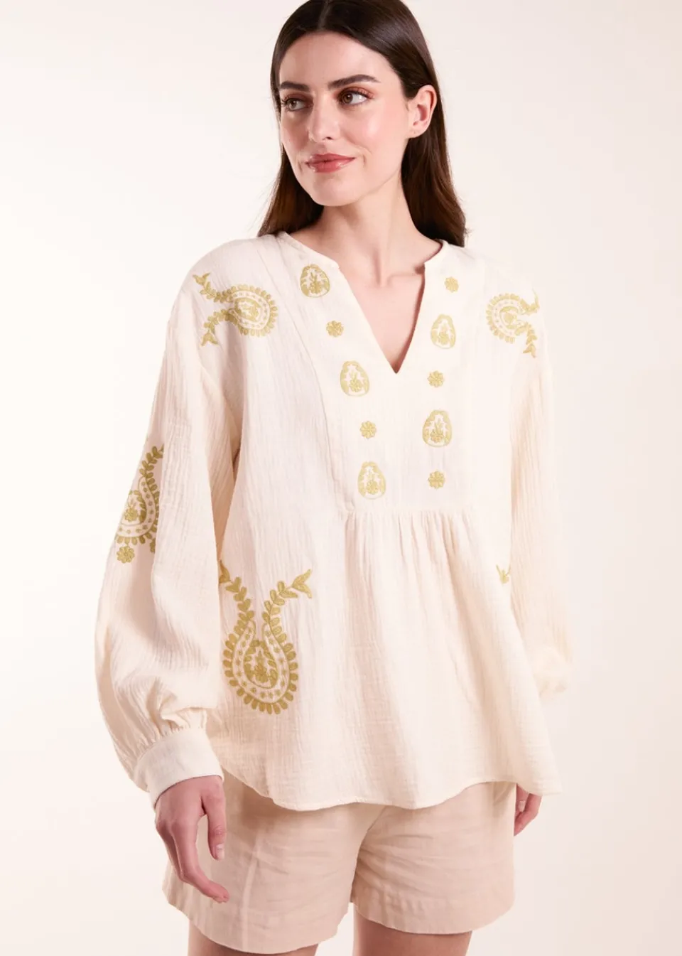 Tops>Blue Vanilla Stone Embroidered Cheesecloth Top