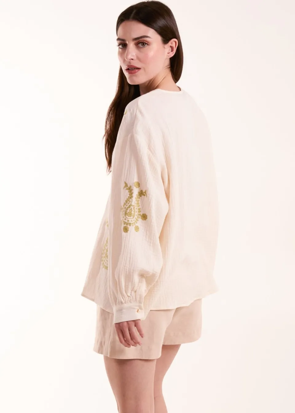 Tops>Blue Vanilla Stone Embroidered Cheesecloth Top